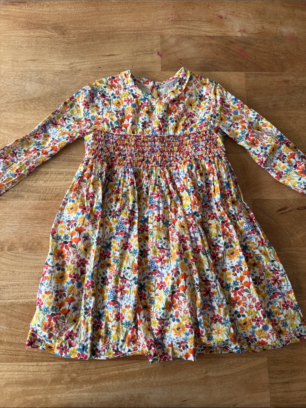 Fleurisse Girls' Floral Smocked Long-Sleeve Dress - White With Multi Floral